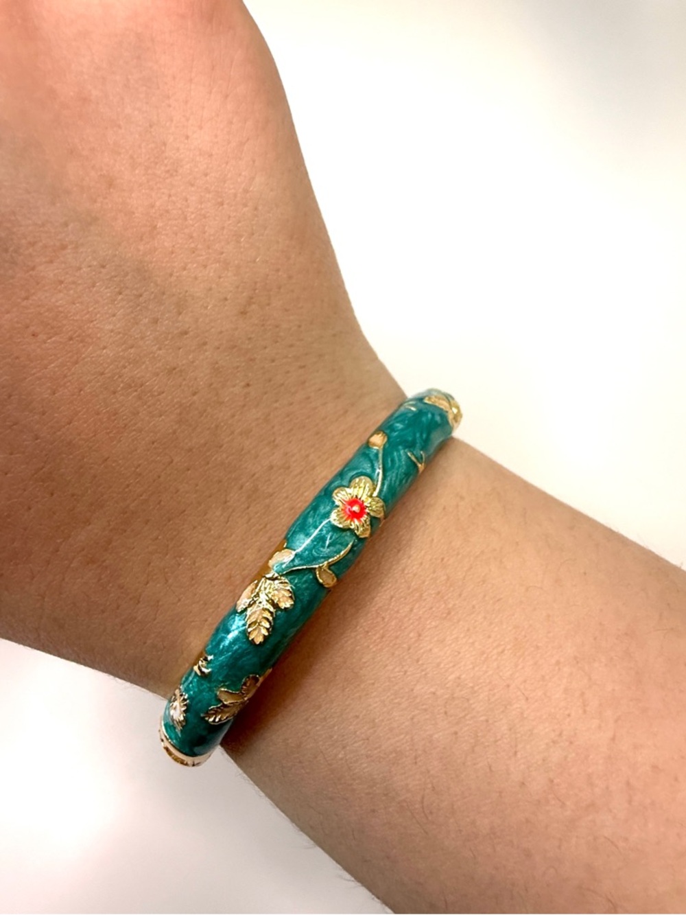 Green Enamel Floral Cloisonné Bangle Bracelet